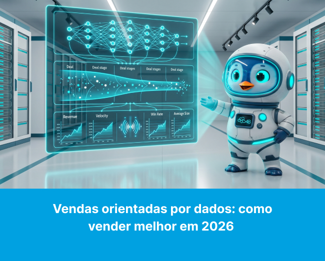 A imagem mostra o FORBIE ASTRONAUTA em frente a um painel tecnológico e futurista de dados representando a nova era de vendas orientadas por dados.