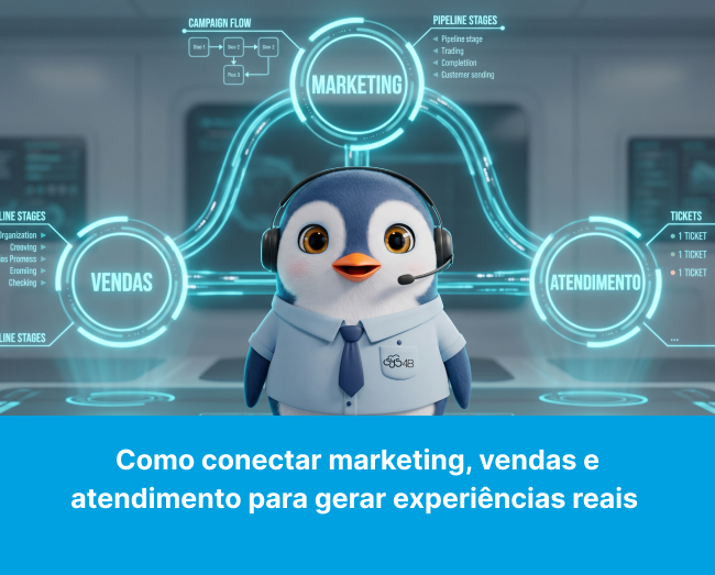 A imagem mostra o FORBIE ATENDENTE olhando para a frente, centralizado, enquanto atrás dele há uma rede tecnológica conectando as palavras MARKETING, VENDAS & ATENDIMENTO.