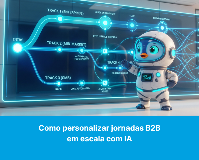 FORBIE ASTRONAUTA diante de um painel com múltiplas trilhas de jornada se ramificando simultaneamente representando a personalização de múltiplas jornadas B2B simultâneas em escala com apoio de inteligência artificial.